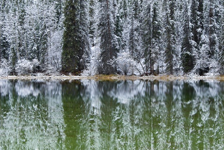 Snowy landscape reflected in green lake